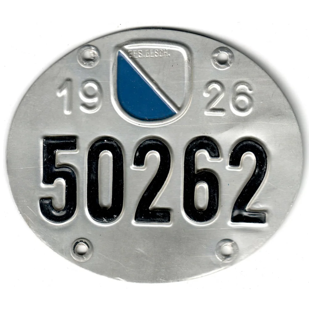 Runder Zürcher Velonummer-Prototyp 50262 von 1926